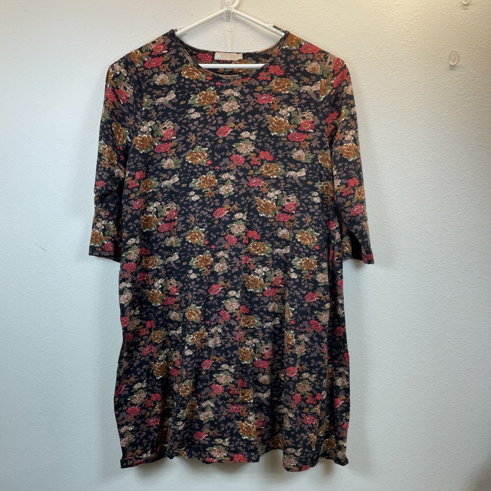 La Cera Dress Womens 3X Brown Floral Cotton Long Sleeve Lagenlook Comfy Boho Art